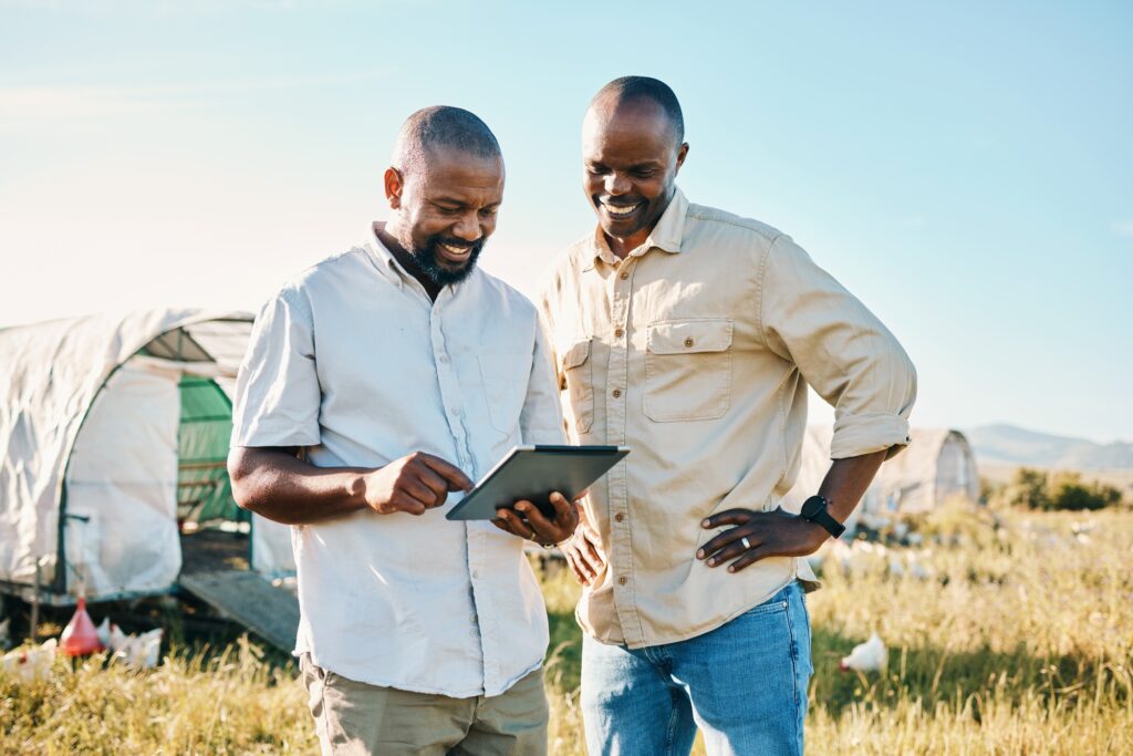 Black people, tablet and farm with chicken in agriculture together, live stock and outdoor crops. H